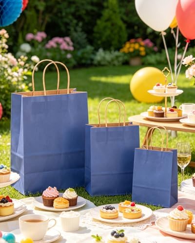 qiqee 100PCS Gift Bag with Handles Bulk Kraft Deep Blue Paper Bags Assorted Sizes(33pcs Large 13",33pcs Medium 11",34pcs Small 8") - Image 5