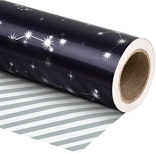 WRAPAHOLIC Reversible Wrapping Paper - 24 Inch X 100 Feet Jumbo Roll Navy and Silver Constellation Print with Metallic Foil Shine, Perfect for Birthday, Party, Baby Shower and More Occasions by WRAPAHOLIC