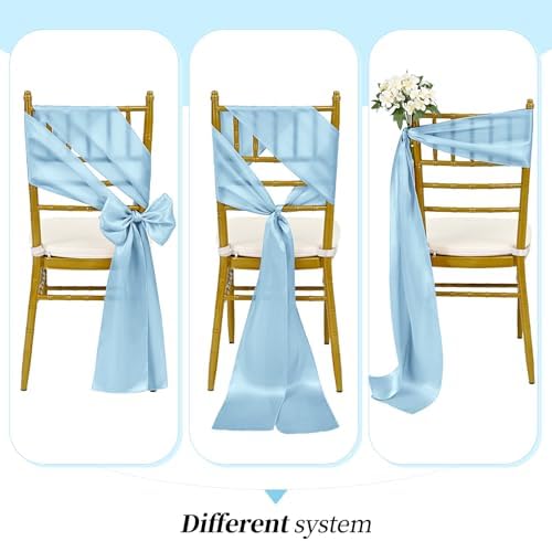 YMHPRIDE 60 PCS Light Blue Satin Chair Sashes, 7x108 Inch Ties Chair Bows - Image 5