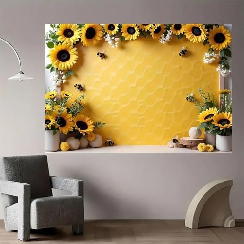 Yellow Sunflower Honey Photography Background Sweet Bee Backdrop Bee Theme Princess Girl Birthday Party Decoration Suitable for Home Decoration Spring Party Baby Shower Banner(B, 8x6feet) - Image 5