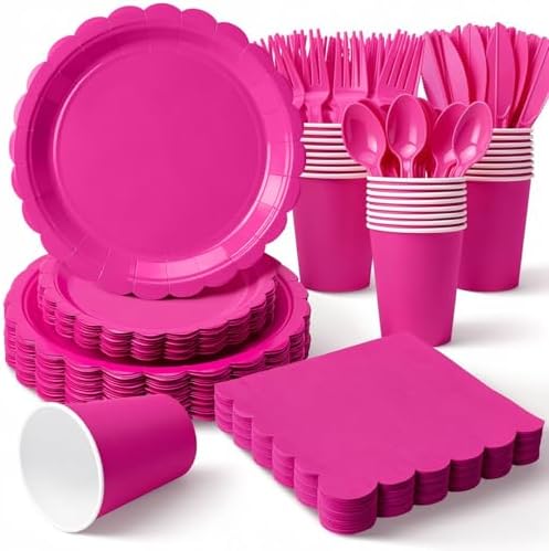 Vyntra 350 Pcs Hot Pink Paper Plates and Napkins Party Supplies by PartyTablewareSupplies