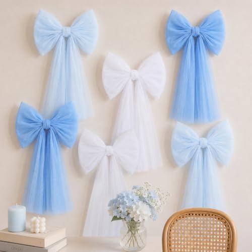 6PCS Large Blue Bows for Backdrop Cute Giant Mesh Bows Hanging Wall Decor by Afniimyapt