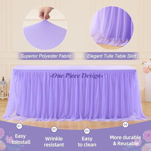 Wish Care 4 Pack Lavender Tulle Tablecloth for 6 Foot Rectangle Tables Stretch Fitted Rectangular Table Cloths Purple Wrinkle Free Ruffle Table Cover Tutu Skirt for Wedding Birthday Party Baby Shower - Image 6