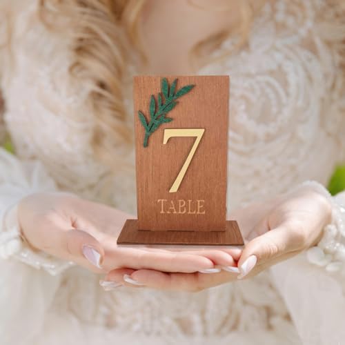 Wedding Table Numbers 1-20, Green Leaf Wooden Table Number Signs with Base - Image 2