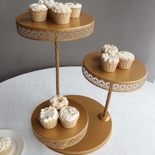 Efavormart 3-Tier Gold Metal Cupcake Tower Dessert Stand, Hollow Lace Design Round Tiered Cake Stand - 21" - Image 2