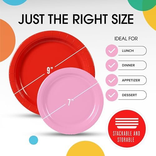 Party Solids Exquisite Red & Pink Mixed Paper Plates - 7" & 9", 200 Pack (100 each), 350 GSM - Image 3