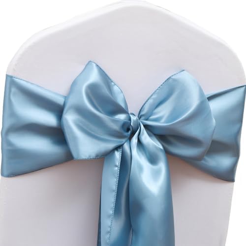 50 Pack Dusty Blue Chair Sashes, Satin Chair Ribbons for Wedding Party Birthday Reception Decorations, Dusty Blue Satin Chair Bows for Chairs by JFDYDM