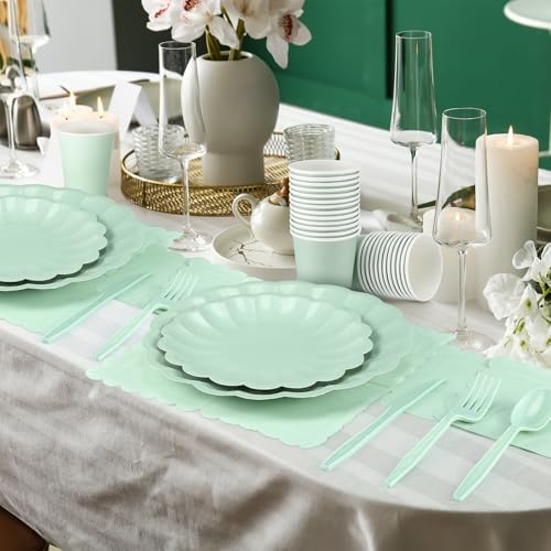 Newtay 350 Pcs Light Green Scalloped Paper Plates Shell Edge Disposable Tableware Cocktail Napkins Cups Plastic Spoons Forks Knives for Wedding Baby Shower Picnic Birthday Party Supply for 50 Guests - Image 6