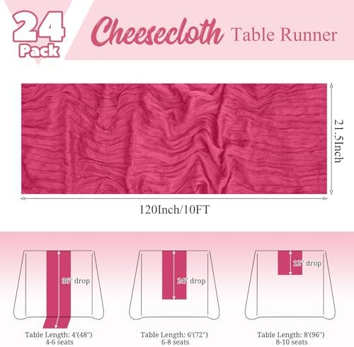 24 Pack Hot Pink Table Runner 10Ft Cheesecloth Table Runner Rustic Gauze Table Runners Romantic Long Sheer Fabric Cheese Cloth Table Runners for Wedding Party Bridal Baby Shower - Image 2