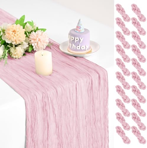 Teruntrue 20 Pack Light Pink Cheesecloth Table Runner 17x108 Inch, Boho Gauze Sheer Fabric Cheese Cloth Table Runners for Wedding Party Bridal Shower Baby Shower Birthday Home Decor Garden Farmhouse by Teruntrue