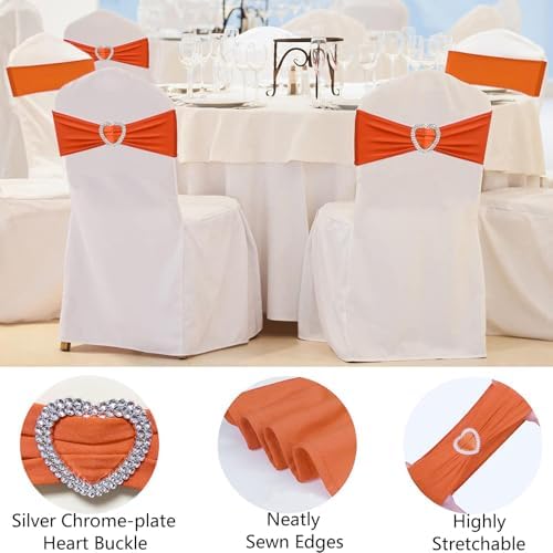 Orange Chair Sashes 50 Pack Spandex Orange Sashes for Chairs Covers Universal Stretch Chair Sashes Band with Heart Buckle Slider for Wedding Banquet Party Decorations - Image 4