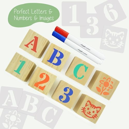 132 Pcs Baby Shower Game Blocks to Decorate, Includes 56 Stencils 50 Wooden Blocks 24 Acrylic Markers 1 Storage Box - Plain Wooden Blocks Great for Baby Shower Activities for Guests - Image 6