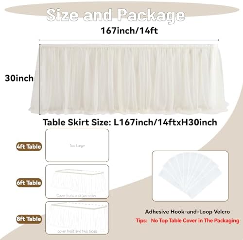 167in Ivory Tulle Table Skirts for Rectangle Tables 6/8ft, 2 Layer Gold Grim Ruffle Cream Tulle Tutu Table Skirt 14ft Decor Wedding Birthday Party Baby Shower Cake Dessert Tables(No Table Cover) - Image 4