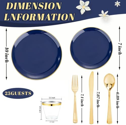 WDF 150pcs Blue plastic Plates - Navy Blue Plates Disposable 25guest Disposable Dinnerware Sets for Party/Wedding/Birthday - Image 2
