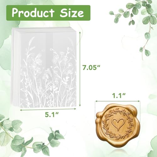 SWANGSA 100 Sets Wedding Invitations Wraps, Vellum Jackets for 5x7 Invitations & Self Adhesive Antique Gold Heart Wax Seal Stickers for Wedding Bridal Baby Shower Birthday Envelopes (White Wildflower) - Image 2