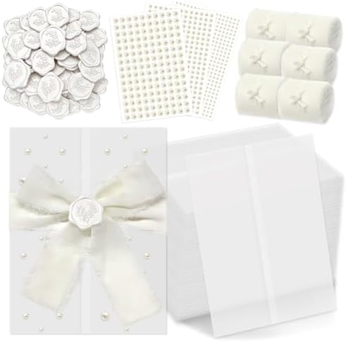 Wedding Invitation Kit, 50 Sets Pre-Folded Vellum Jackets for 5x7 Invites Ribbon Wax Seal Stickers Decorative Pearl Stickers for DIY Wedding Invitations Accessories by Fanuk