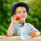 Whaline 50 Pcs Bow Disposable Plastic Cups with Lids and Straws 12 Oz Blue Bow Knot Cold Beverage Drinking Cups - Image 6