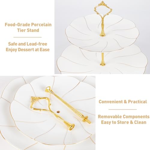 DUJUST Luxury Larger 2-Tier Cupcake Stand Tower, British Style Porcelain Serving Tray with Golden Trim, Food Grade Dessert Display Stand for Tea Party & Home Décor - 40% Larger Plates - Image 4