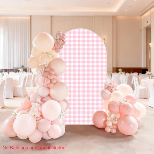 Checkered Gingham Arch Backdrop Cover 7.2ft Pastel Pink and White Classic Plaid Pattern Girl Bridal Baby Shower Birthday Party Stretchy Arched Photo Booth Decorations 7ft - Image 2