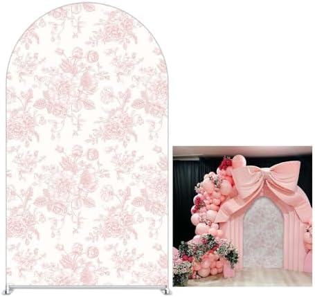 Light Pink Bloom Flower Arched Backdrop Covers Double-Sided Stretchy Arch Stand Cover for Girls Birthday Baby Shower Baptism Party Decoration Supplies(No Stand!) - Image 5
