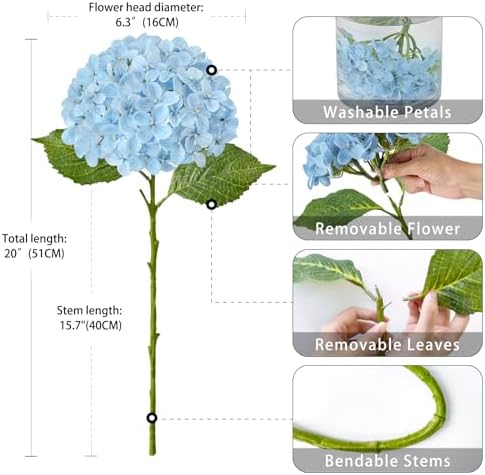 ZYTUYO 20 inches 4 Pcs Sky Blue Real Touch Hydrangea Artificial Flowers Boho Lifelike Real Looking Latex Hydrangeas Flower with Long Stem for Home Decor Spring Table Centrepiece - Image 7
