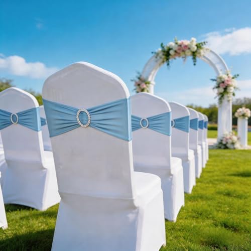 Pack of 50 Baby Blue Chair Sashes Bows Spandex Chair Bands Silver Buckles - Image 4