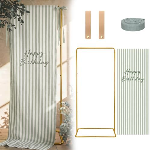 Striped Happy Birthday Sign Stand with Linen Ribbon, Green by Unknown