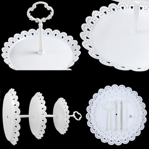 12 Pcs Cupcake Stand White Dessert Table Display Set 2Pcs 3 Tier Plastic Cake Stand Holder 6Pcs Dessert Serving Tray 3pcs Dim Sum Clip 1Pc Iron Cake Stand for Tea Party Wedding Baby Shower (White) - Image 3