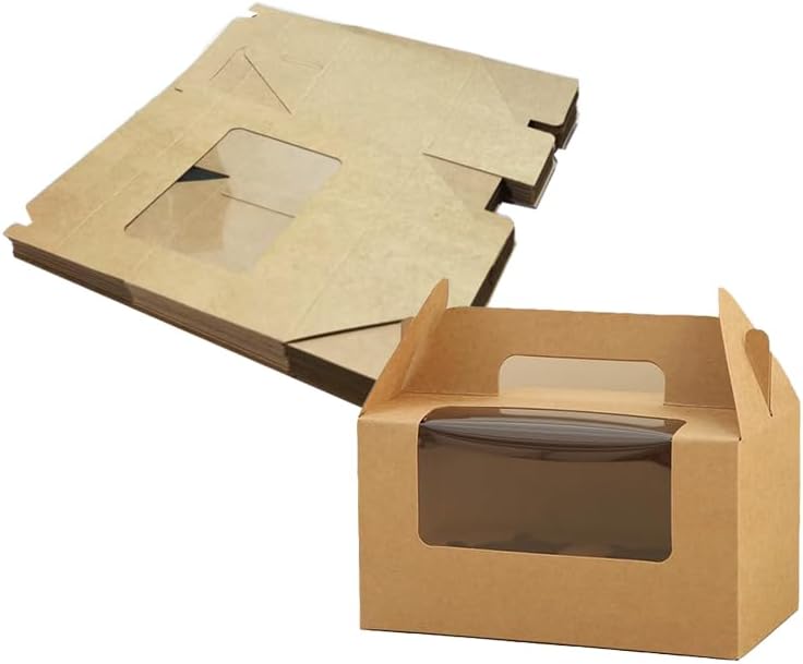 JIYIXhylera 100Pcs 16.5×9.5×9cm/6.49×3.74×3.54 inch Kraft Paper Cupcake Packing Box Christmas Gift Box with Clear Window 2 Cavity Muffin Cupcake Wedding Party Birthday Favors (100Pcs Kraft) - Image 3