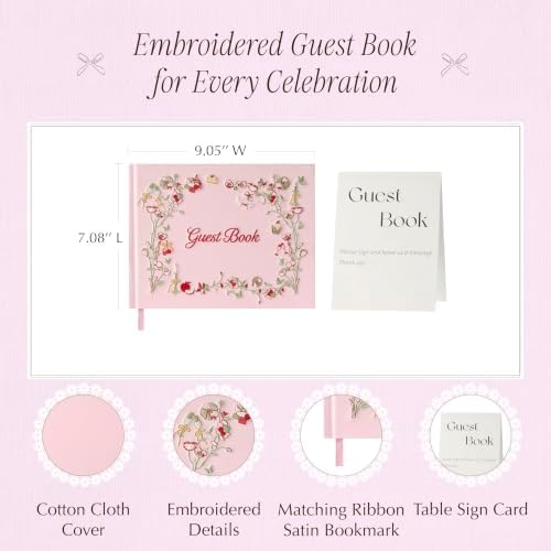 Embroidered Wedding Guest Book, Cotton Cover, Acid-Free Paper, 160 Pages, 9" L × 7" W, Sign in Book for Wedding Reception, Baby Shower&Events, with Envelopes, Table Card&Cotton Pouch (Pink) - Image 3