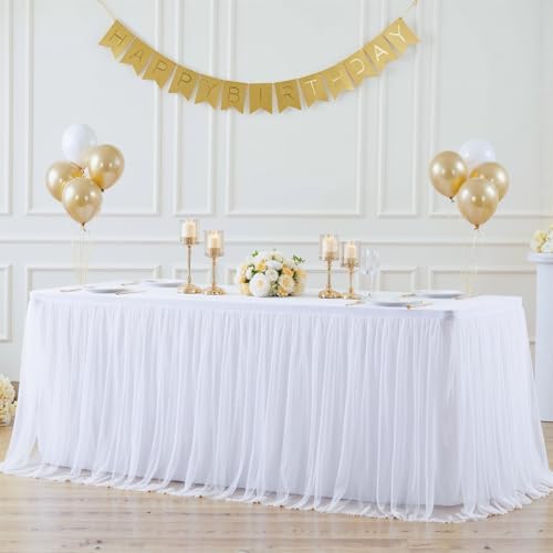 Suppromo 6 Pack White Tulle Tablecloths for 6 Foot Rectangular Tables, 72 x 30 Inch White Rectangle Table Cloth, Wrinkle Free Table Cover with Tutu Skirt for Wedding Birthday Party Banquet - Image 3