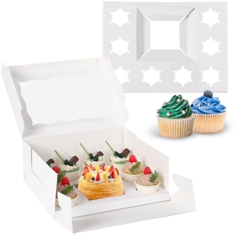 JCD 16 Pcs Cake and Cupcake Combo Bento Boxes with Clear Lid and 8 Cupcake Holes for Vanlentine Wedding Birthday Party Bakery Baking Supplies (1+8/16Pcs) by JCD