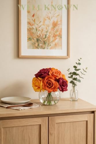 WELL KNOWN Silk Rose Artificial Flowers with Vase, Orange Yellow Red - Image 6