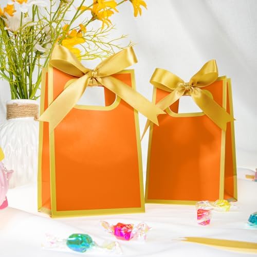 AmazingSpark 50 Pcs Orange Gold Mini Gift Bags Bulk 6.3 x 3.9 x 2.8 Inch Party Favors Elegant Small Gift Bags with Handles and Ribbon Bows for Wedding Birthday Bridal Baby Shower Party Favors - Image 3