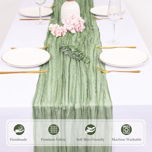 12 Pack Sage Green Cheesecloth Table Runners 21x120 Inch Boho Gauze Table Runner 10FT Long Rustic Sheer Green Table Runner for Baby Shower,Wedding,Party,Birthday,Home Table Decor - Image 3