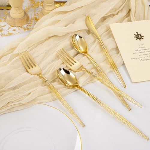 Liacere 150PCS Clear Gold Plastic Plates - Gold Plastic Silverware with Glitter Handle - Clear Disposable Plates Include 30 Guests Plates, Forks, Spoons, Knives for Wedding & Party - Image 5