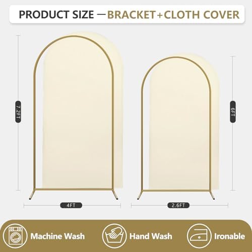 Arch Backdrop Stand and Cover Set, 2 Metal Balloon Arch Backdrop 7.2ft 6ft, Gold Arched Stand Frame for Wedding, Parties,Birthday, Backdrop Decorations (Beige,7.2ft+6ft) - Image 2