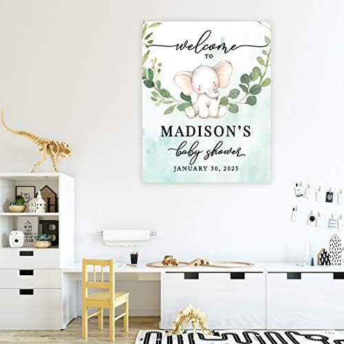 Andaz Press Custom Large Baby Shower Canvas Welcome Sign, 16 x 20 Inches, Baby Elephant Greenery Leaves, Guestbook Alternative, Personalized Sign Our Canvas, for Elephant Baby Shower, Baby Sprinkle - Image 4