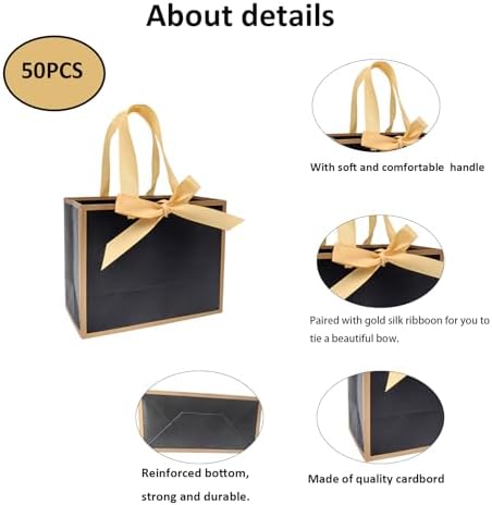 TKSBAG 50 PCS Small Black Gold Gift Bags with Bow Ribbon - 6.4x3.1x5.1 Inch Thank You Bags with Handles, Bulk for Baby Shower, Bridal Shower, Wedding, Party Favors, Fathers' Day - Image 4
