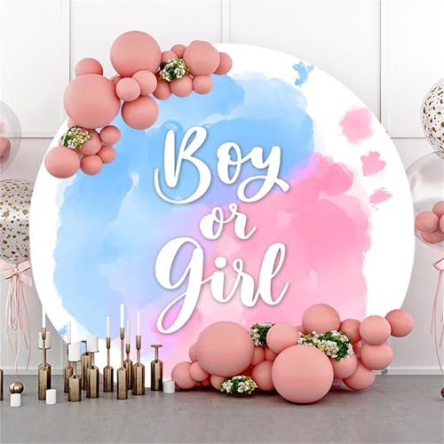 Polyester Diameter 7.5ft Round Boy or Girl Gender Reveal Backdrop Blue and Pink Watercolour Cloud Photography Background He or She Pregnancy Reveal Surprise Party Photoshoot Banner - Image 4