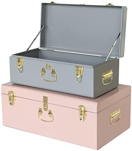 Vixdonos Decorative Metal Box Storage Trunks Set of 2 College Dorm Chest with Lock Hole,23.7X14.2X9.5 Inches(Grey and Pink) by Vixdonos