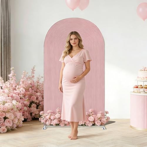 Double-Sided Arch Frame Fabric Cover Beige White Ripples Arched Panel Stand Cover for Wedding Birthday Baby Shower Parties Decoration (Pink-HP462,3X6.5ft) - Image 2
