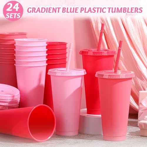 Skylety 24 Pcs Hot Pink Plastic Cups with Lids and Straws 24 oz - Image 4