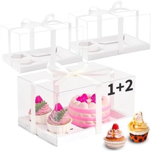 JCD 9 Pcs Cake Cupcake Combo Boxes,1+2 Cupcakes carriers 2 Cupcakes Holes,with 2 Cupcake Holes - Cake and Cupcakes Boxes - Pastry Sweets Bento Box (1+2/9Pcs) by JCD