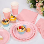 LIYH 350 Pcs Pink Paper Plates and Napkins - 50 Guest Light Pink Party Supplies Include Scalloped Plates Cups Plastic Spoons Forks Knives for Baby Shower Birthday Party - Image 6