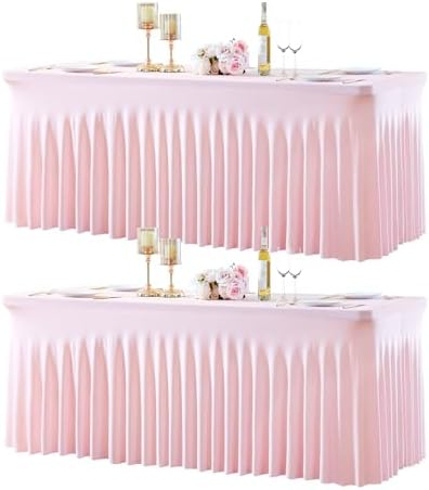 Suppromo 2 Pack Pink Spandex Tablecths 6ft for Rectangle Tables Pink Rectangle Tablecloths Stretch Fitted Table Cover with Skirt for Baby Shower Girl Birthday Party Wedding Banquet Buffet by Suppromo