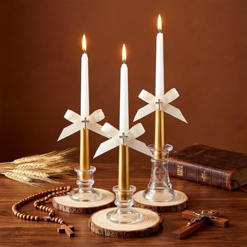 MTLEE 12 Pcs Baptism Favor Gold Bow Candles with Cross Baby Shower Favors Religious Holy Communion Christening Gifts for Christian Guests Party Wedding Birthday - Image 5
