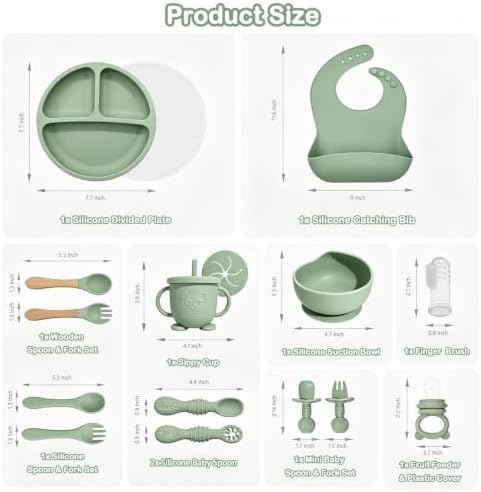 Silicone Baby Feeding Utensils Set for 6+ Months, 17 Pcs, Green - Image 2