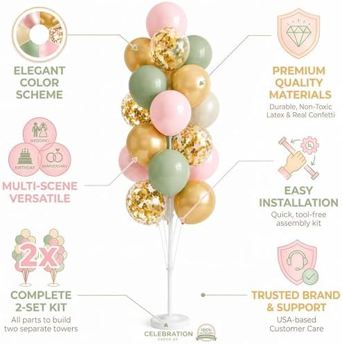 Hiins Sage Green Gold Balloon Stand Kit Set of 2,Base&Pole Decoration for Party - Image 3