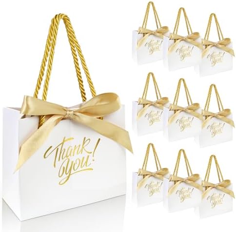 EQOREIIN 100 Pack Small Thank You Gift Bags with Handles & Ribbon, White by EQOREIIN